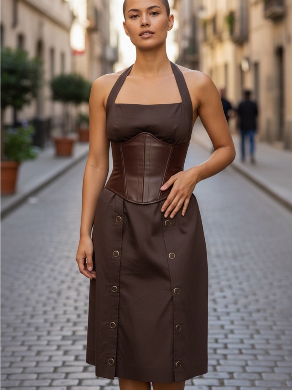 Sleeveless Brown Halter Mini Dress with Snap Grommet Trim and Pockets